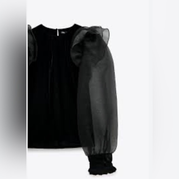 NWOT Zara Velvet blouse with Sheer Puffy Sleeves. Color Black / Size Small - Picture 2 of 10